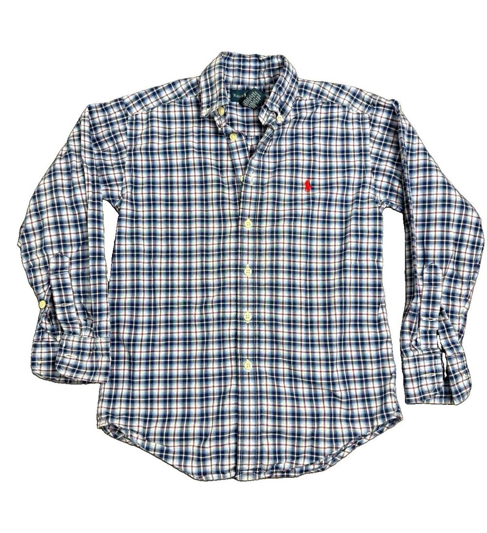 Ralph Lauren Boys Size 8 Navy Blue Red White Plaid Cotton Button Down Shirt Pony